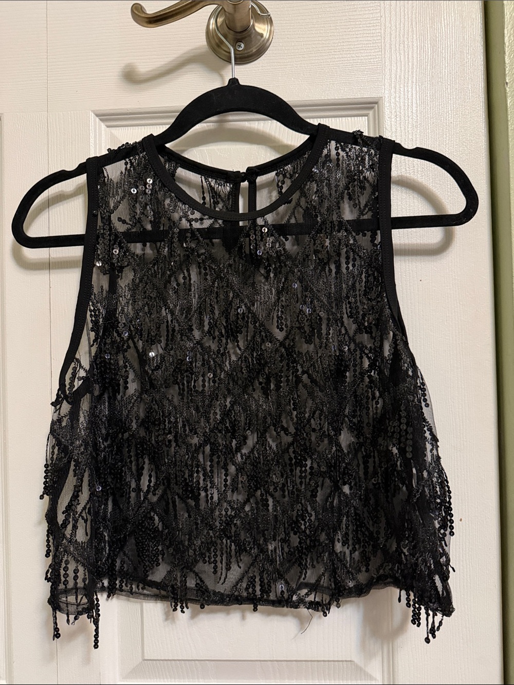 SHEIN Black Sequin Fringe Sheer Camisole Top